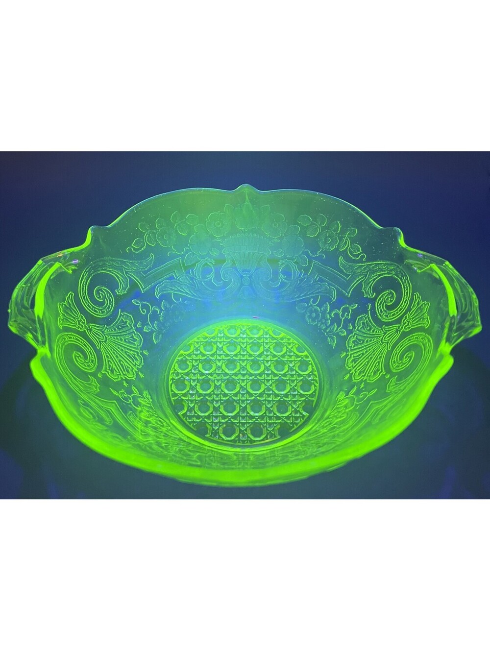 Lancaster Debra Uranium Glass Bowl Handled Etched Floral Depression Green Glow